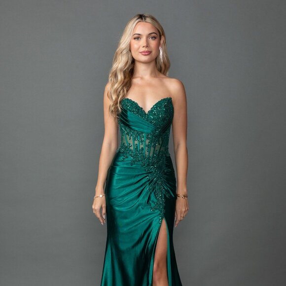 New Beaded Maxi Evening Satin Dress w/ Lace Up Back & Sexy Leg Slit DQ 4560 - Picture 1 of 8